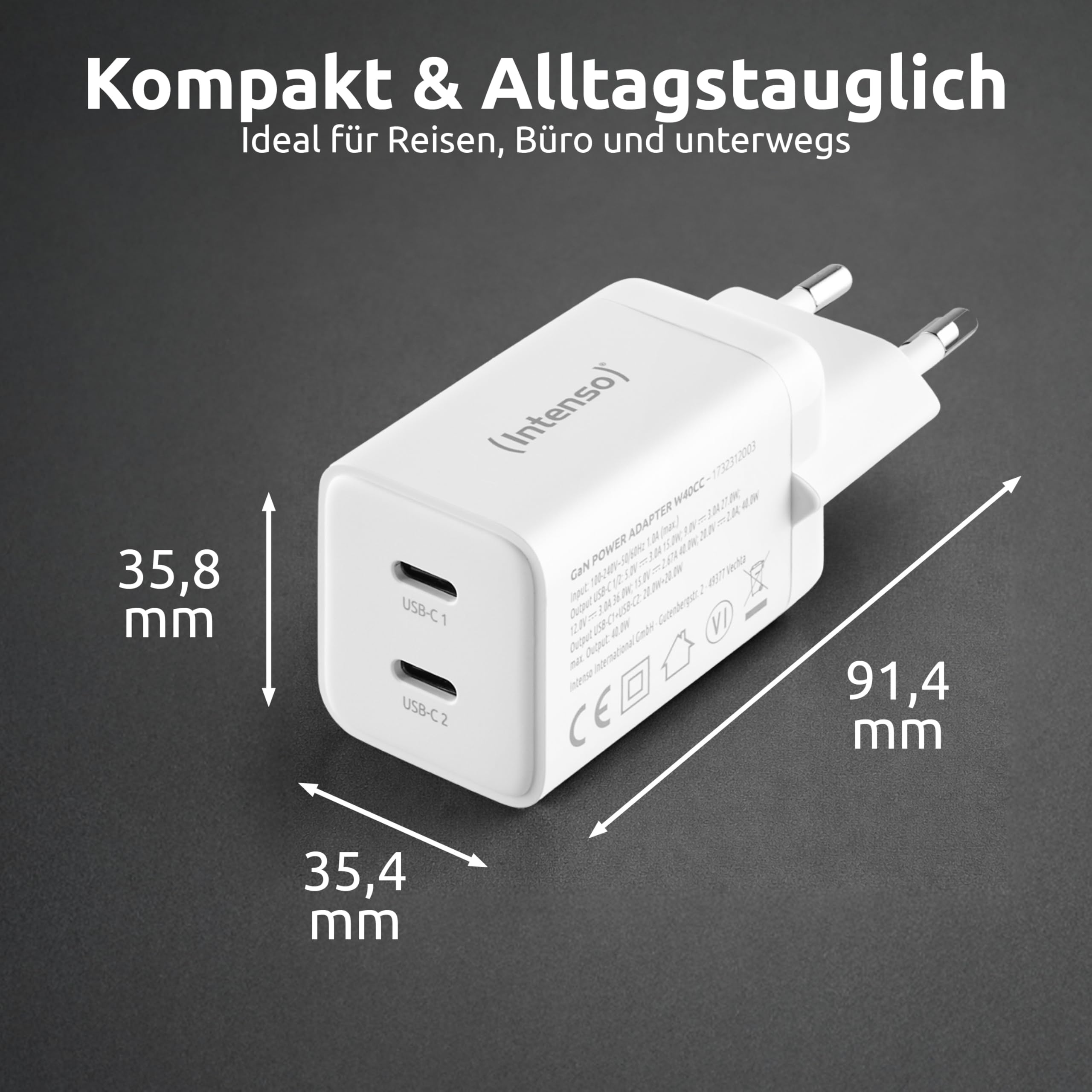 Intenso Power Adapter W40CC GaN, USB-C Netzteil mit 2 USB-C Anschlüssen, 40 Watt und GaN-Technologie für Smartphone, Laptop und mehr, weiß 7