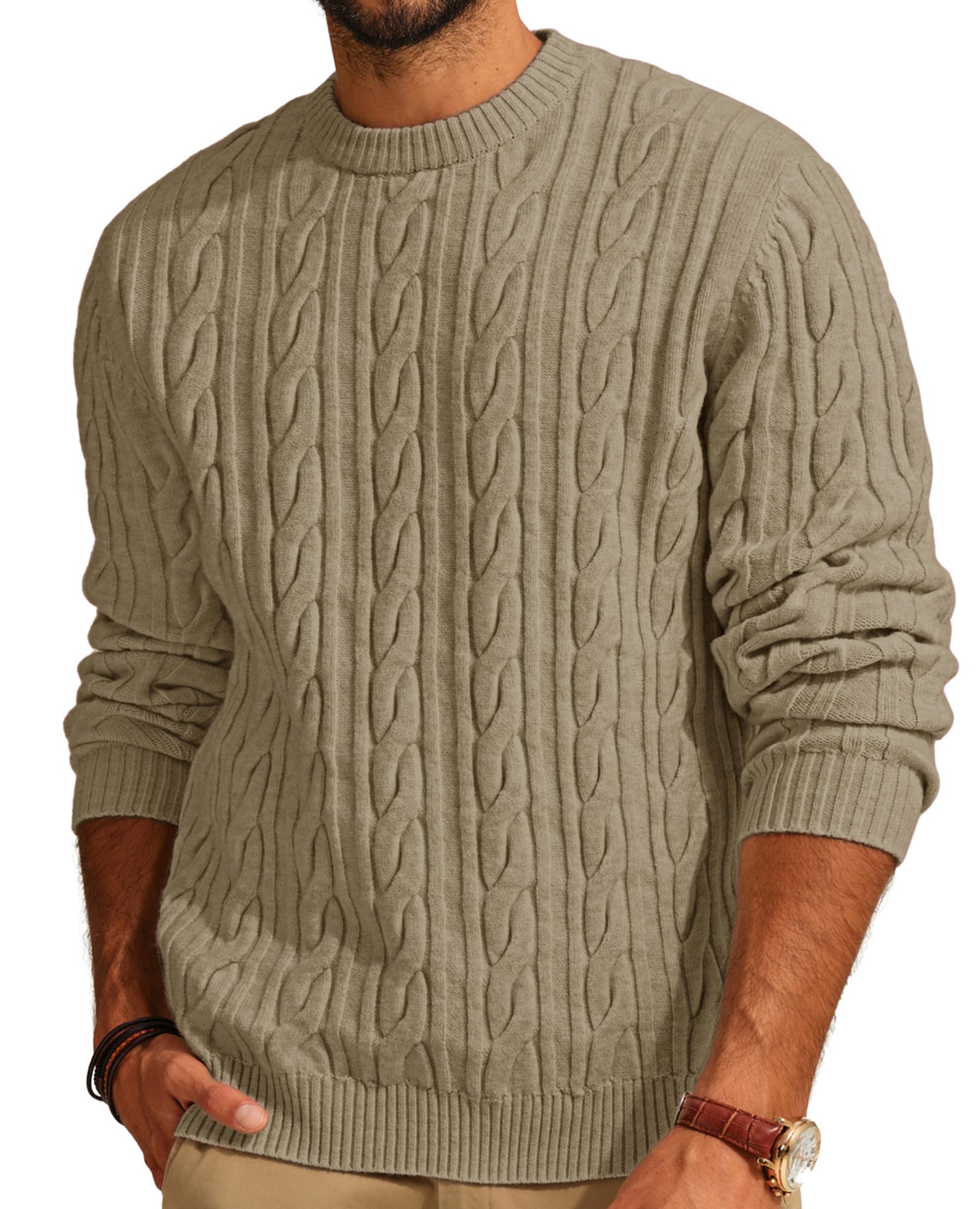 PJ PAUL JONES Mens Casual Sweater Regular Fit Cable Knit Crewneck Sweaters Long SleeveTextured Sweater Pullover Khaki M Image