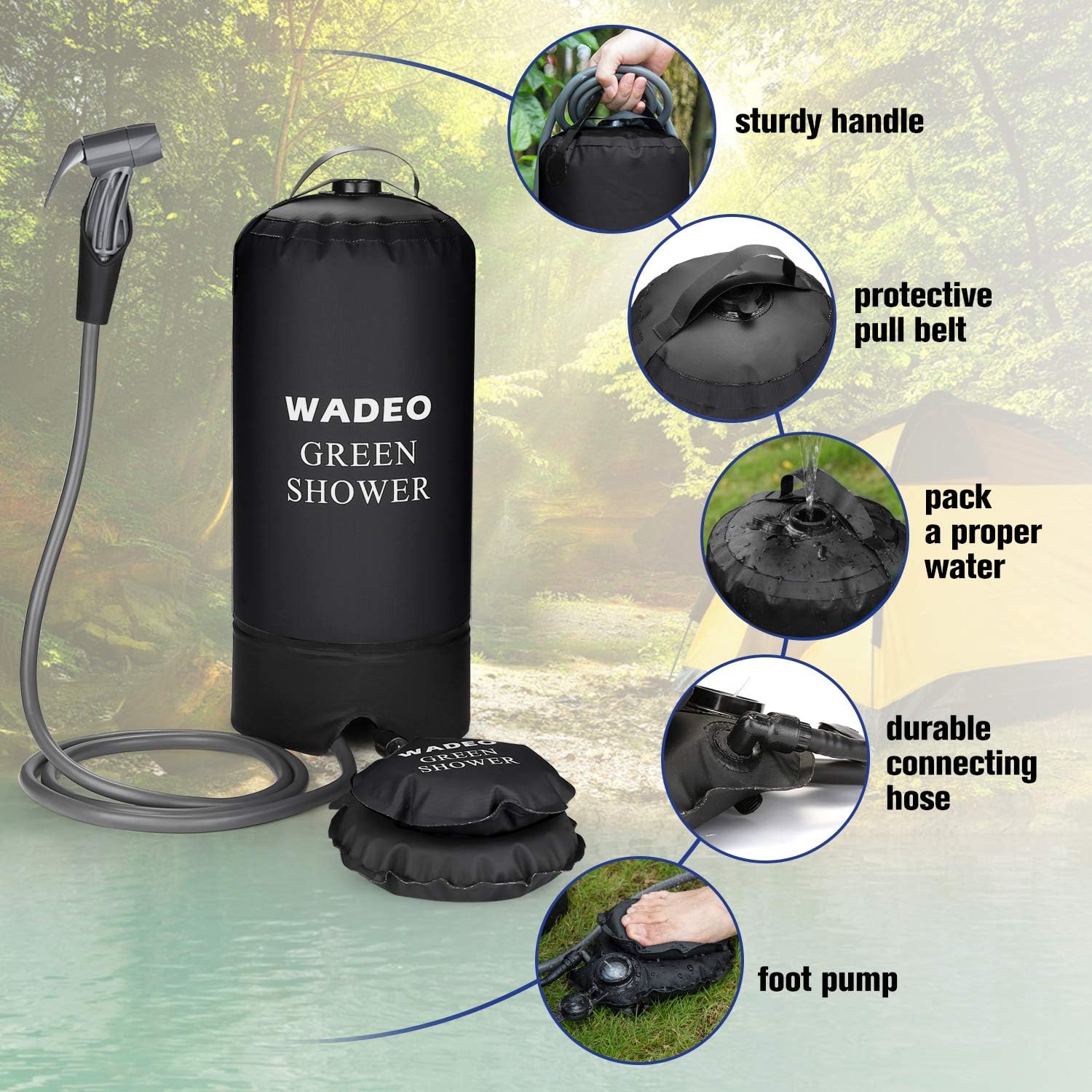 WADEO Camp Shower, 15L 4 Gallons Portable Outdoor Camping Shower Bag Pressure Shower with Foot Pump and Shower Nozzle for Beach Swim Travel Hiking Backpacking, Black : Sports & Outdoors