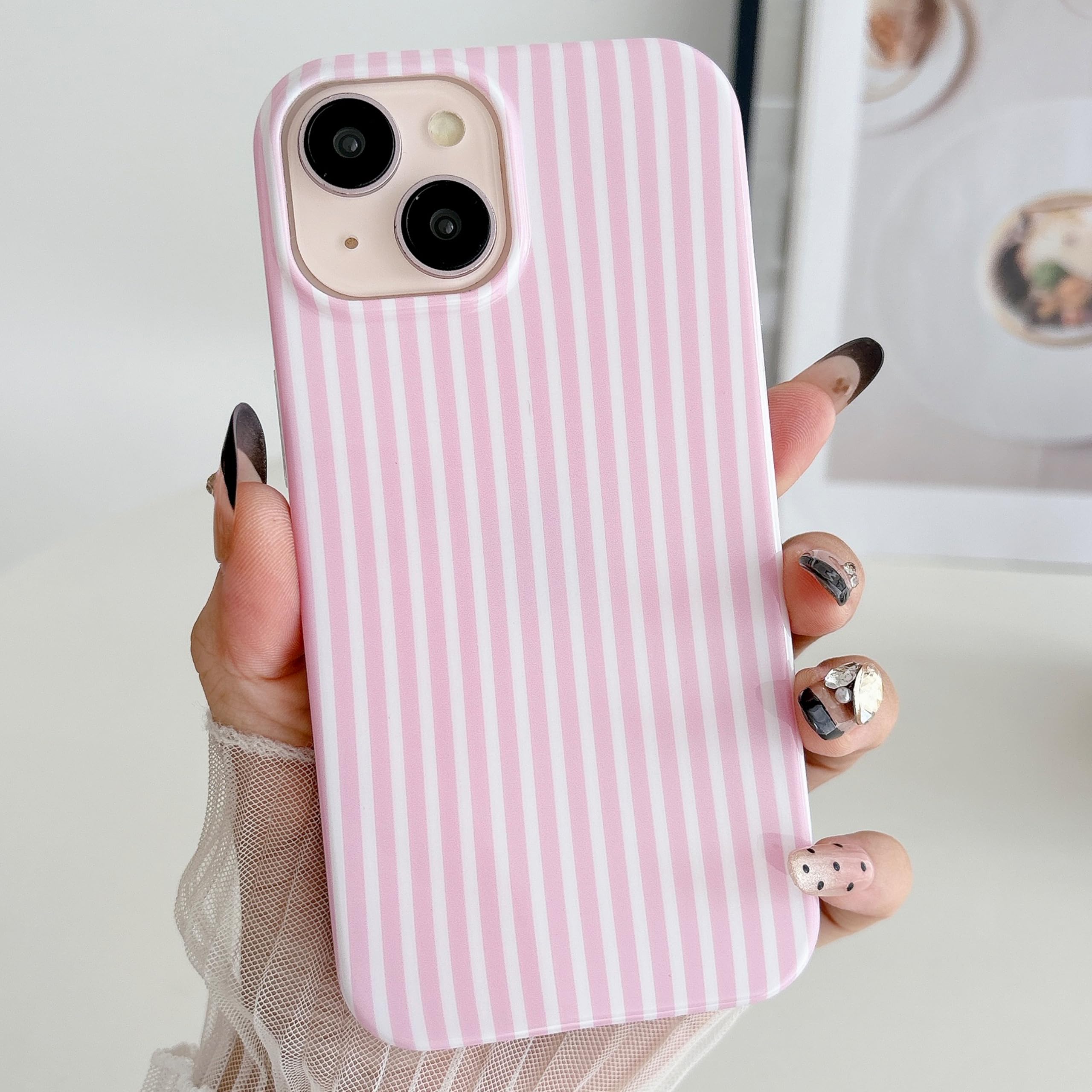 HYUEKOKO Striped Phone Case for iPhone 13 & iPhone 14 & iPhone 15, Fashion Retro Stripe Pattern Aesthetic Cover, Soft TPU Slim Shockproof Case for Girls Women-Pink