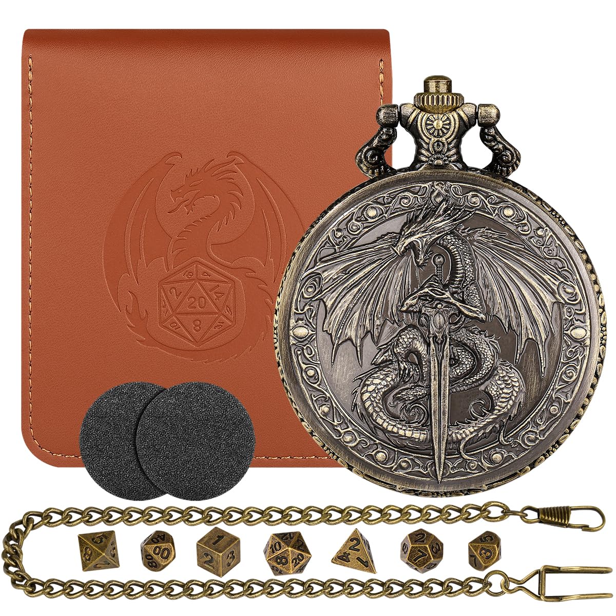D&D Dragon with Sword with Pocket Watch Case, Mini Dice Set, 7pcs Polyhedral Metal Dice, Fantasy Dragon Gripping Sword, DND Starter Set, DND Gifts with Leather Bag, RPG Accessroies, Dragon Gift