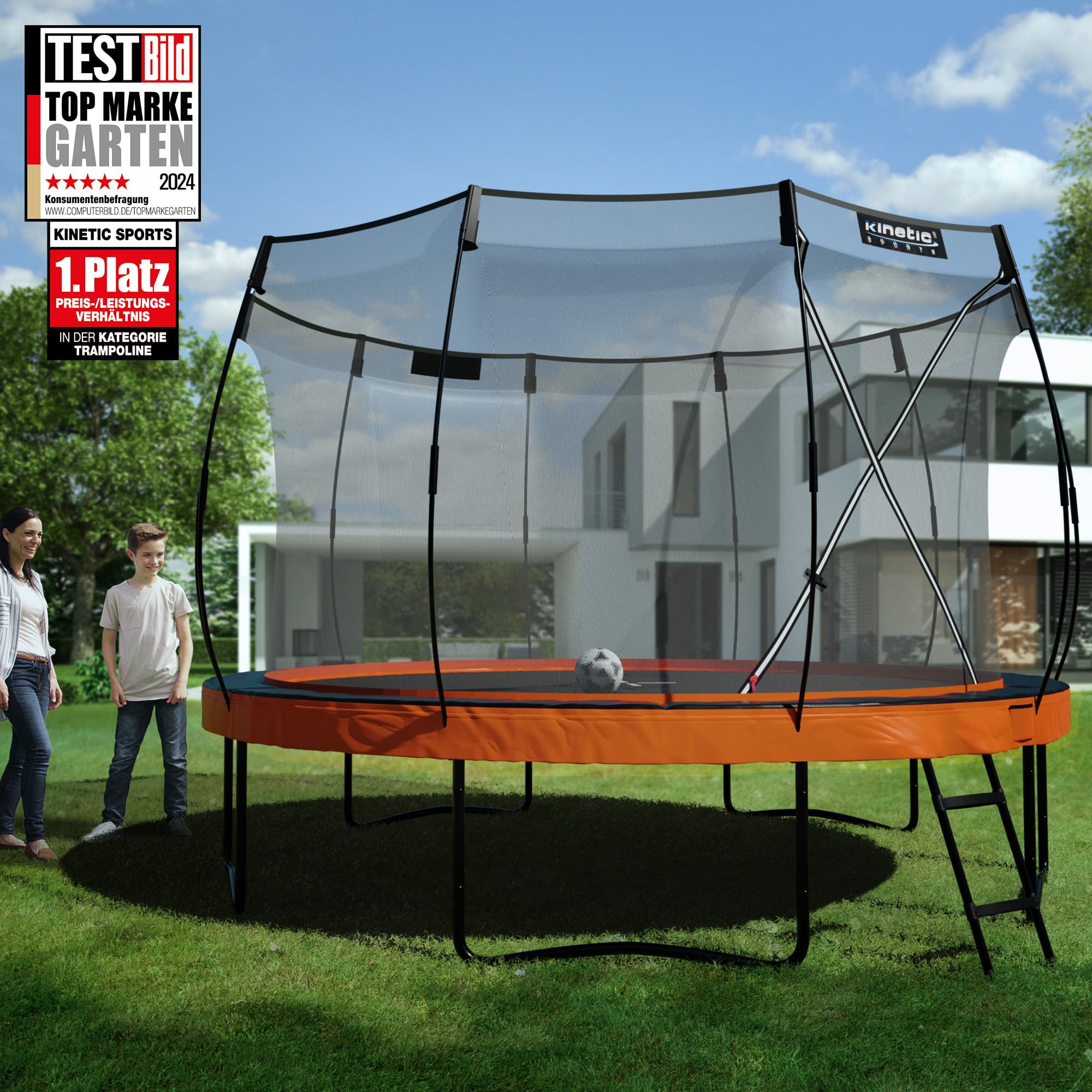 KINETIC SPORTS Trampolin Outdoor 'Ultimate Pro' Ø 244/305/366/427 cm – Kindertrampolin mit Leiter, Fieberglas-Netz, Gartentrampolin im Kürbis-Design, bis zu 160 kg, Schwarz 2