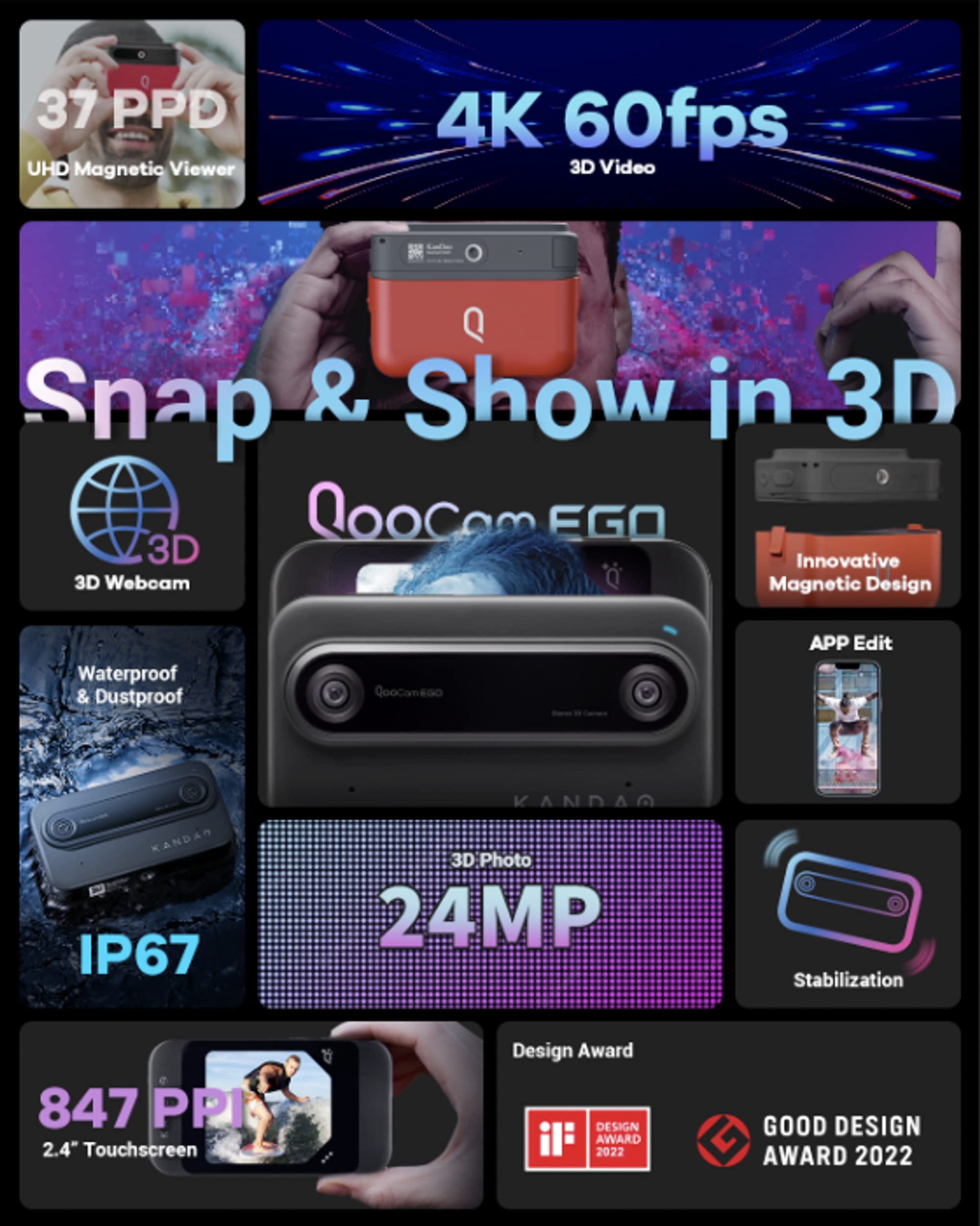 KanDao 3D Kamera, 3D Foto&Video Sofortbildkamera, Stereoskopische Kamera, 2.54" Touchscreen, Verwacklungsschutz Bildstabilisierung, QooCam EGO, Schwarz. 9