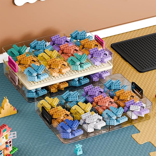 TOYS STORAGE ORGANIZER BINS FOR LEGO, STACKABLE TOYS ORGANIZER, LEGO BUILDING BLOCK STORAGE, TOY STORAGE BOX WITH 24 PALACE GRIDS, PLASTIC STACKABLE ORGANIZER BINS (WHITE 3LAYERS)