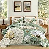 DJY Sage Green Quilt Set Queen Size 3 Pieces Floral Boho Bedspread Coverlet Set, Lightweight Microfiber Farmhouse Floral Quilted Bedding Set Reversible Bed Cover for All Season, 96''x90''