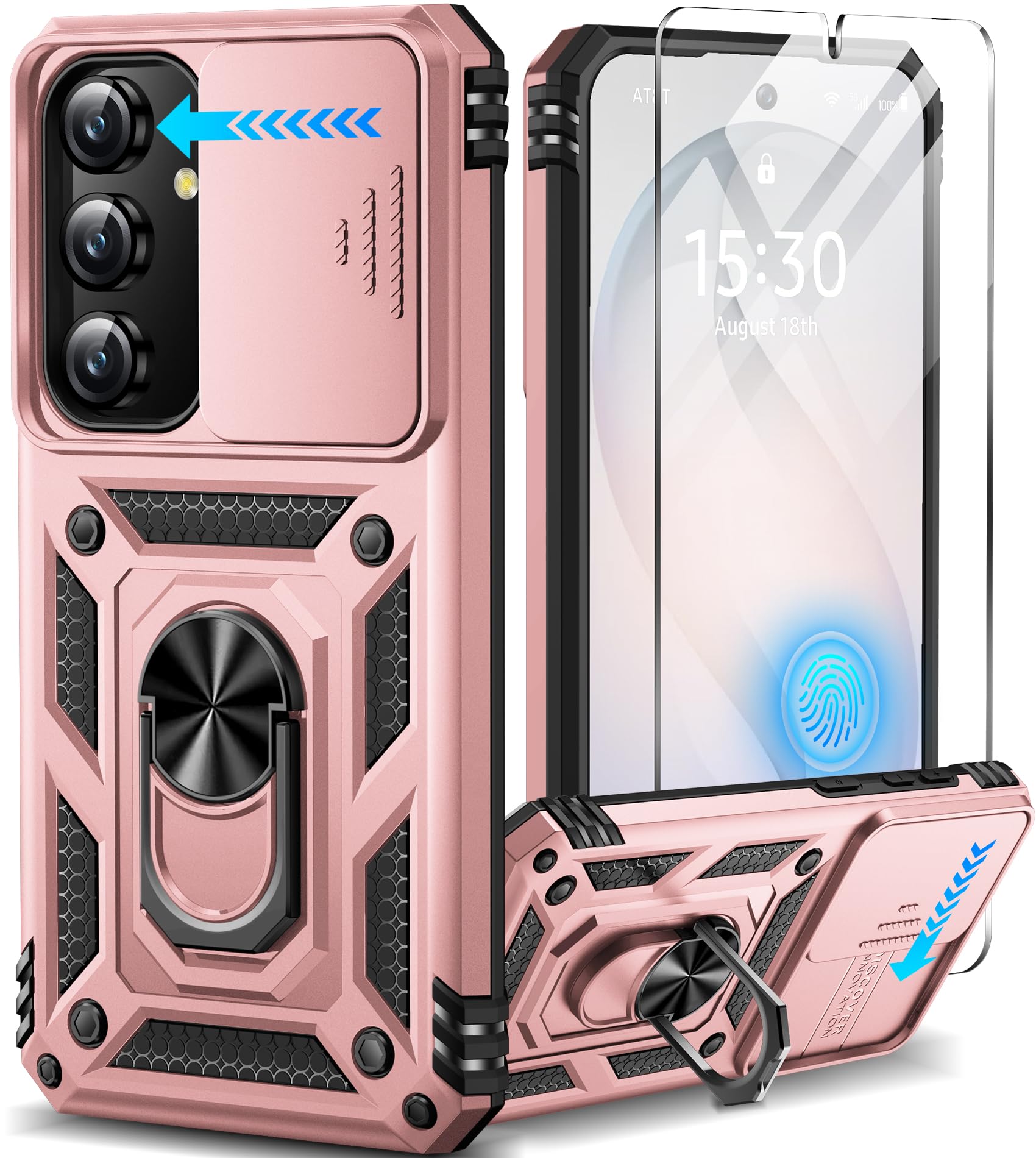 Taisairu for Samsung Galaxy S26 Case with Screen Protector & Slide Camera Lens Cover,Built-in 360°Rotate Magnetic Ring Stand Shockproof Protective Phone Case for Samsung S26 Case (Rose Gold)