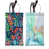 [2 Pack] Fintie Eyeglasses Pouch with Cleaning Cloth, Portable Squeeze Top Leather Glasses Case Sunglasses Bag, Jungle Night + Emerald Marble