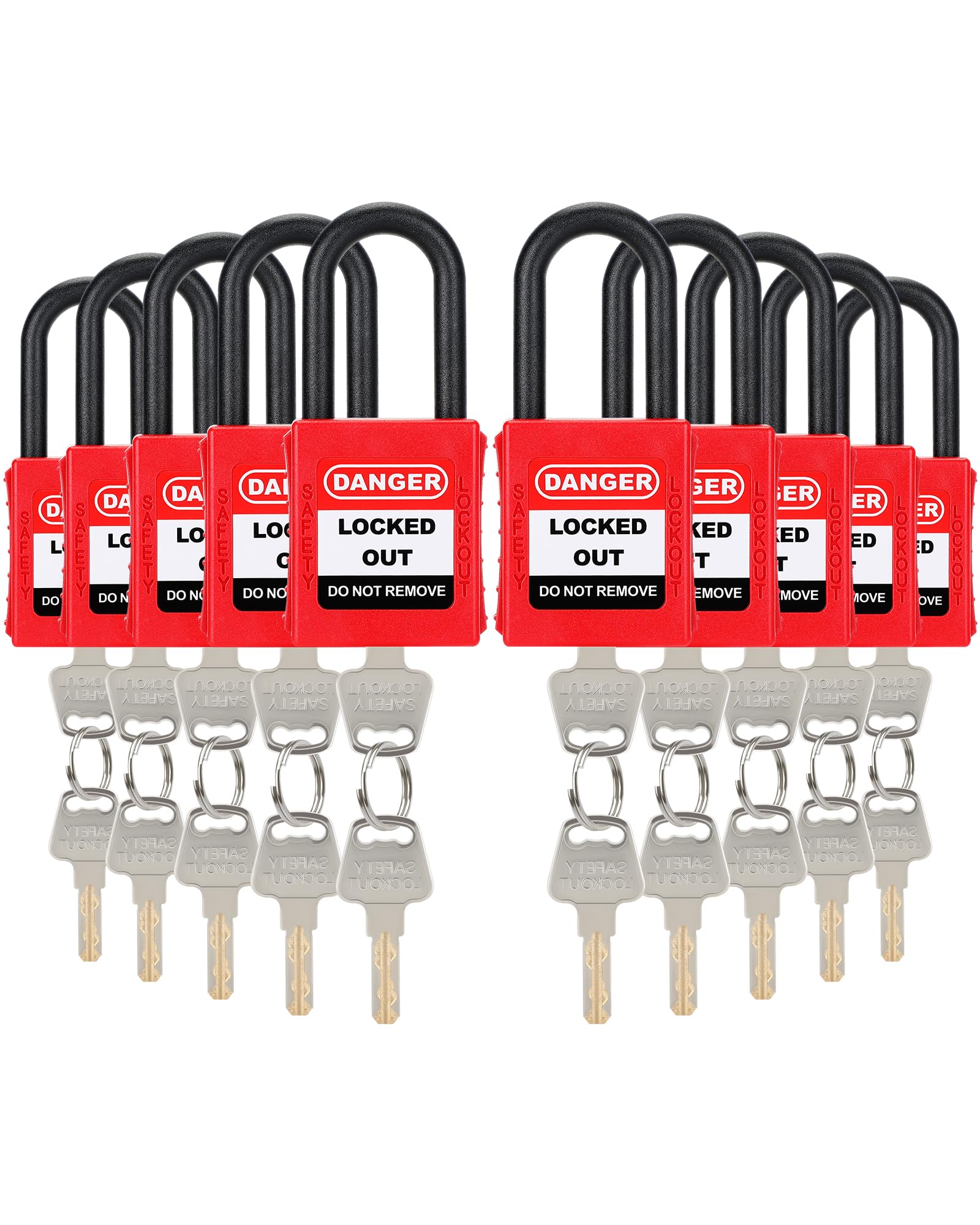 HOLULO 10 Pack Safety Lockout Padlocks - 10 Sets of Different Keys, Weatherproof Steel Shackle, Loto Tagout Red Lock for Industrial/Outdoor