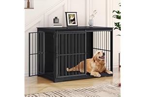 Hzuaneri XXL Large Dog Crate Furniture, 46.9" Indoor Dog Kennel Furniture with Barn Door, Wooden Tall Dog Crate, Heavy Duty Dog Cage for Large Dogs, Side End Table, Anti-Chew, Black DFC83804B