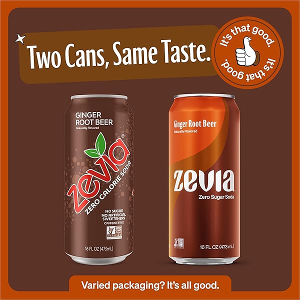 ZEVIA ZERO SUGAR SODA, GINGER ROOT BEER, 16 OZ CANS (12-PACK) – NATURALLY SWEETENED, NON-GMO PROJECT VERIFIED, GLUTEN-FREE, VEGAN