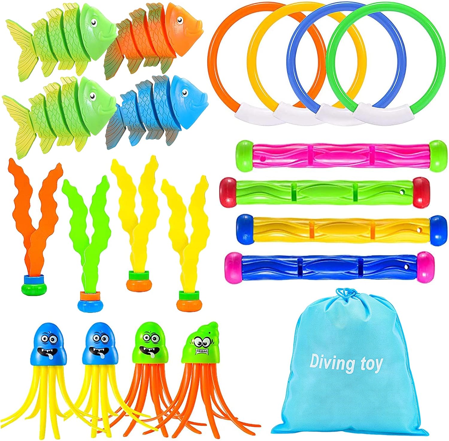 Cakuni Underwater Swim Pool Diving Toys - Summer Swimming Dive Toy Sets - Water Rings,Sticks,Octopus,Fish & Balls for Kids: Toys & Games