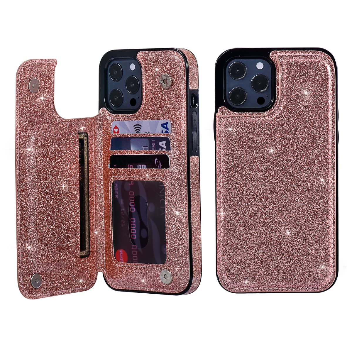 UEEBAI Case for iPhone 13 Pro Max 6.7 inch, Premium Glitter PU Leather Case Back Wallet Cover [Two Magnetic Clasp] [Card Slots] Stand Function Durable Shockproof Soft TPU Case - Rose Gold#2 — image 1