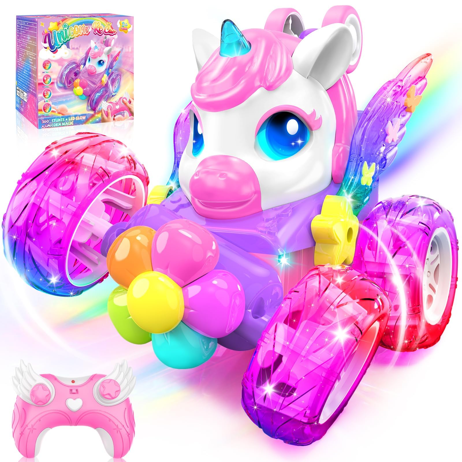 Unicorn RC Cars for Girl Toys with Glowling Crystal Wings &Eyes Lights,360°Rotation Remote Control Car Unicorn Stunt Car Birthday Gifts Easter Basket Stuffers for 3 4 5 6 7 8 9 10 Year Old Girls