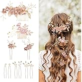 Floral Hair Comb Set for Women - 10PCS Bridesmaid Hair Accessories with Pink Flower Hairs Pins, Victorian Hair Clips for Wedding, Prom, Mother of Bride, Flower Girl (Rose Gold, Fake Flowers)
