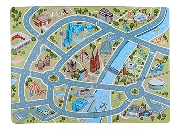 Happy CITY Kids Spielteppich KÖLN, Design-Strassenteppich fürs Kinderzimmer, 180 x 130 cm, samtweich, waschbar,