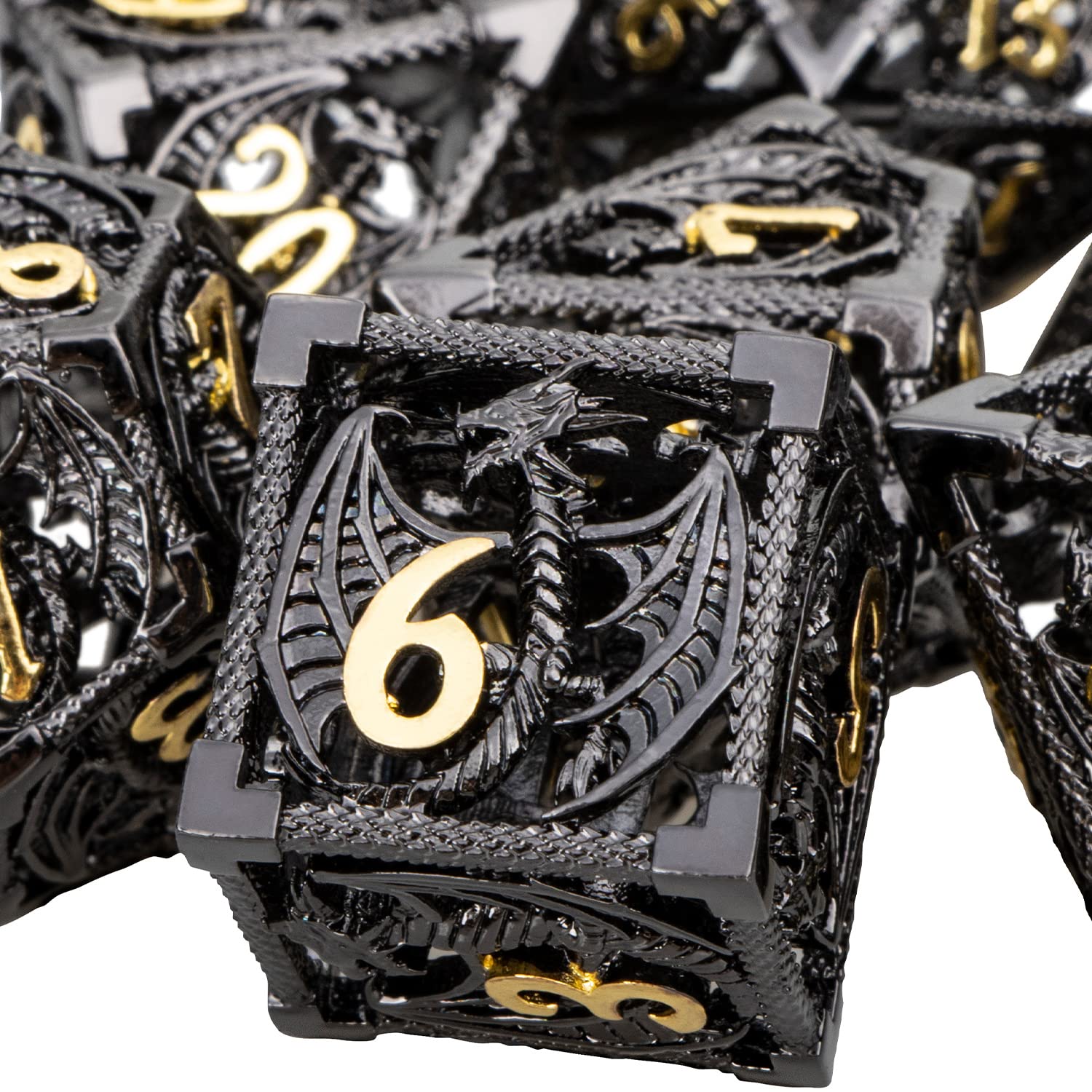 ARUOHHA Hollow DND Dice Set 7PCS Black Gold Metal Dragons Dice with Gift Box, D and D Dice RPG Role Playing Games Dungeons Polyhedral Dice Set D20 D12 D10 D8 D6 D4