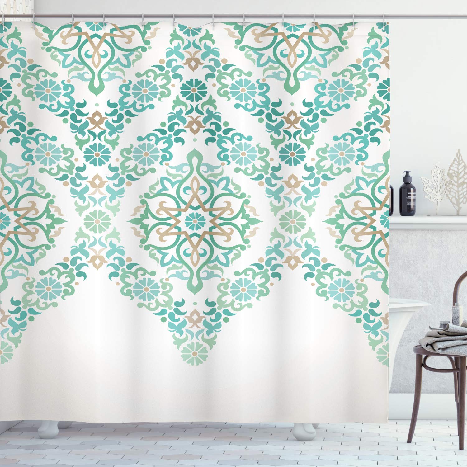 ABAKUHAUS Traditional Shower Curtain, Retro Middle Age Symmetrical Traditional Gothic Garland Forms in Pastel Print, Cloth Fabric Bathroom Decor Set with Hooks, 86 Inches Extra Long, Green Tan