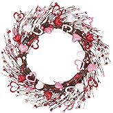 Ouddy Decor 20'' Valentine's Wreath for Front Door with Artificial Red Pink White Wooden Heart Shaped Berries for Valentines Gifts Romantic Night Event Anniversary Wedding Engagement Home Decorations