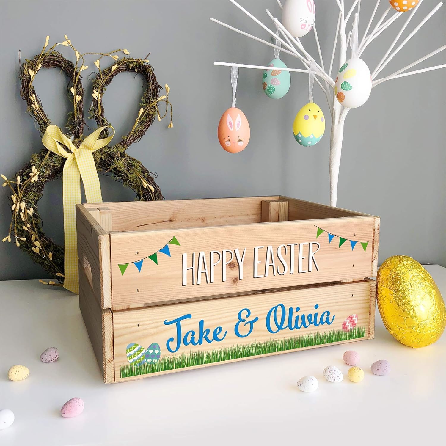 Personalised Wooden Easter Crate Box, Easter Basket For Children