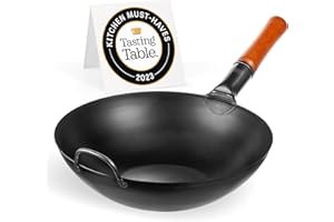 YOSUKATA Carbon Steel Wok Pan – 13,5 “ Stir Fry Pans - Chinese Wok with Flat Bottom Pow Wok - Traditional Japanese Woks - Black Carbon Steel