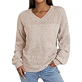 NORACORA Women's V Neck Sweaters Crochet Soft Lightweight Knit Loose Pullover Sweater Long Sleeve Fall Top 2025 Outfits