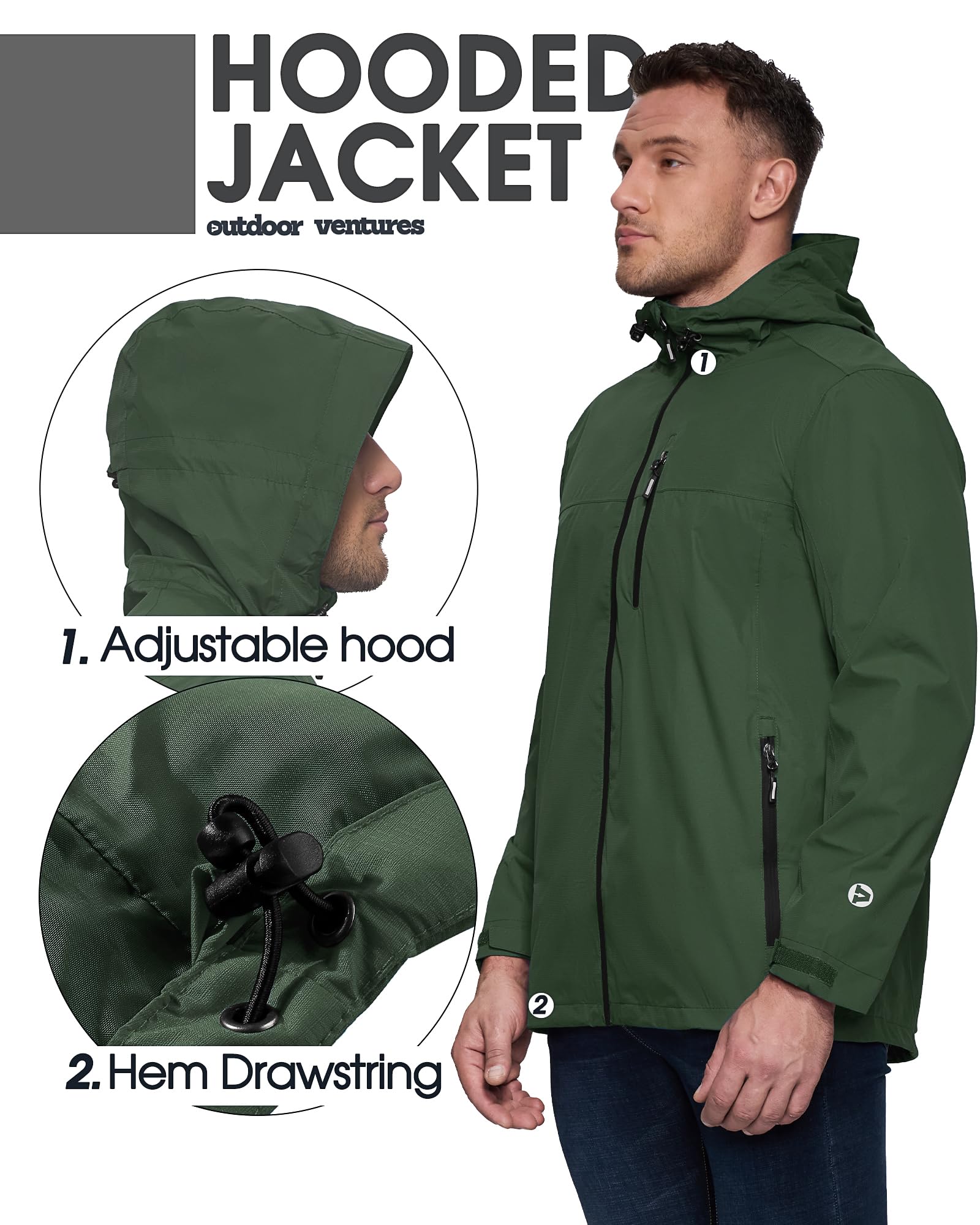 Outdoor Ventures Regenjacke Herren Wasserdicht Atmungsaktiv, Packbar Fahrrad Jacke Leichte Windbreaker zum Freizeit Wandern Camping Dunkelgrün/Schwarz L 9