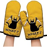 What Funny Yellow Oven Mitts with Hanging Loop and Silicone Non-Slip, Humor Cat Sarcastic Cooking Baking Kitchen Utensils 2-Piece Set, Gifts for Cat Lover Mom Wife Sister BFF Colleague