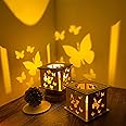 Midrean Butterfly Projector Wood Candle Lantern Decorative-2PCS Small Lanterns for Decoration Home, Vintage Distressed Led Candle Holder for Best Friend，Rustic Mini Decor for Wedding-About 3 inch