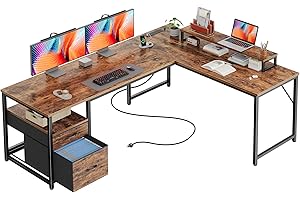 PRAISUN 63 Inch L Shaped Desk with Power Outlets and USB-C Port, Computer Corner Home Office Desk with File Fabric Drawers and Movable Monitor Stand, Larger Storage, Gaming, Writing, Rustic Brown