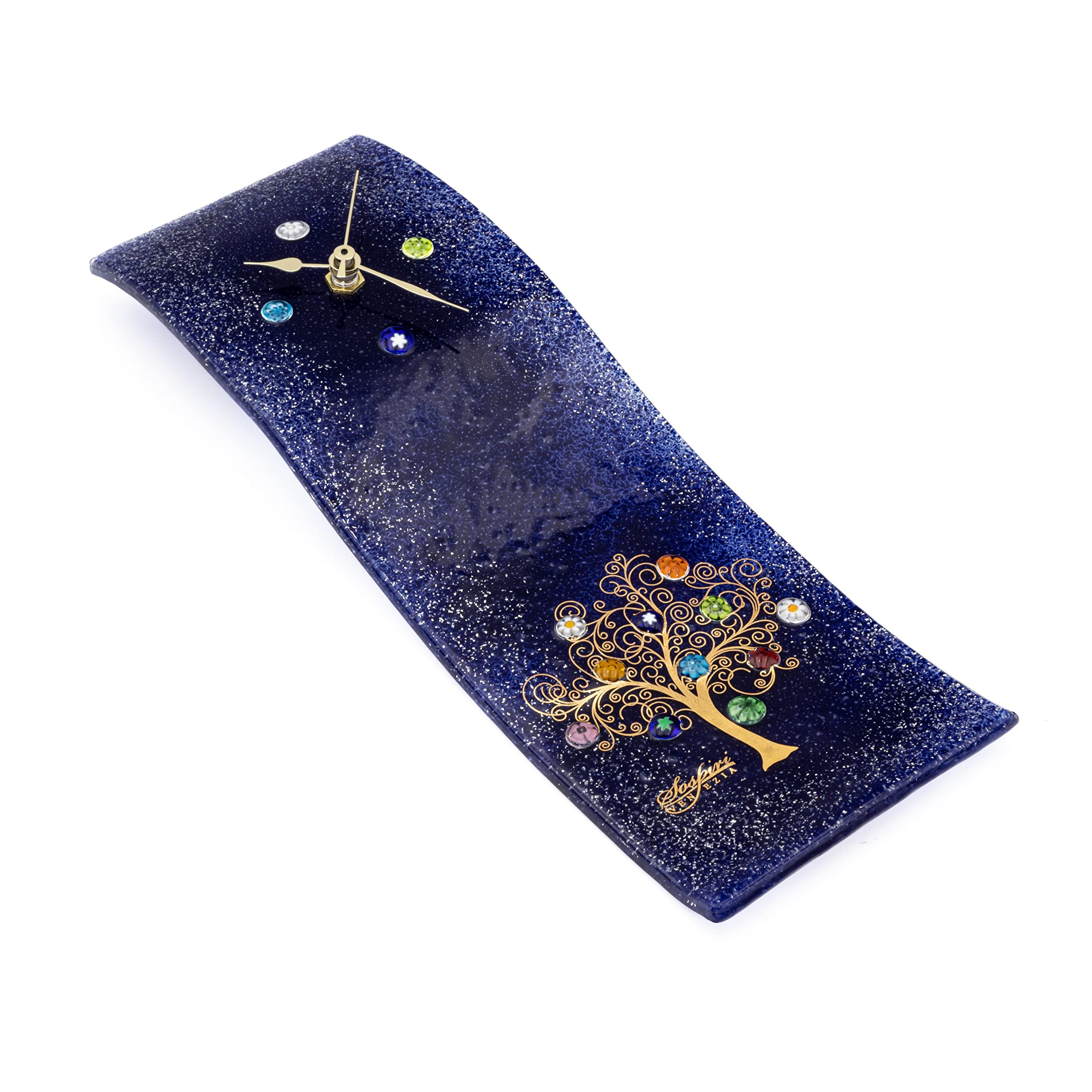 Sospiri Venezia Wall Clock Murano Glass Silent Mechanism Decorated with Murrines and Gold Leaf Gift Handmade Made in Italy (10x30)