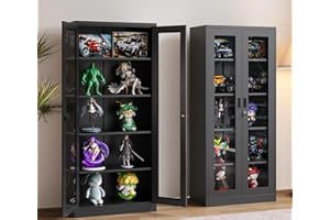 heycode Tall Glass Display Cabinet, Metal Tall Display Cabinet, with 4 Adjustable Shelves Storage Cabinet, Bookcase, Curio Cabinet for Home Office, Kitchen, Living Room (Black, 71" H)