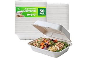 9" x 6" Disposable Clamshell Food Containers – Set of 50 Take Out Containers with Hinged Lids – Biodegradable and Eco-Friendl