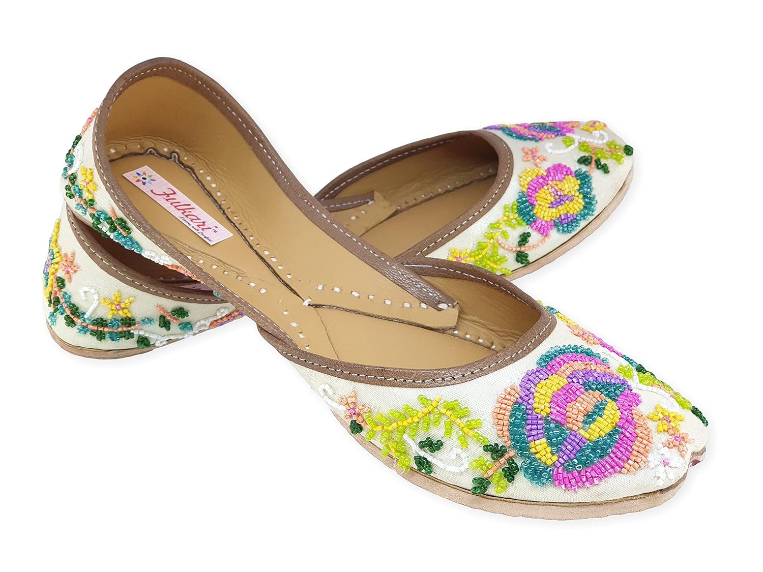 Fulkari Women's Beads Flower Multicolor Genuine Soft Leather Jutis