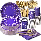 GuoZhiXin Purple and Gold Party Supplies 140 Pieces Golden Dot Disposable Party Dinnerware - Purple Paper Plates Napkins Cups, Gold Plastic Forks Knives Spoons for Baby Shower, Wedding, Graduation