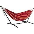 Vivere Double Cotton Hammock with Space Saving Steel Stand, Upgraded Polyester End Strings 450 lb Capacity - Premium Carry Bag Included - USA Grown Cotton (Mimosa)