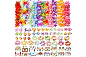 Atonofun 80 PCS Leis for Luau Party Decorations- Hawaiian Leis Bulk, Luau Party Glasses, Colorful Bracelets, Flower Headbands for Adults Tropical Birthday Summer Beach Luau Party Favors Supplies