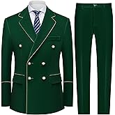 MOGU Men's 2 Piece Velvet Suit Double Breasted Tuxedo Slim Fit Set Gold Buttons Suits Party Casual Formal