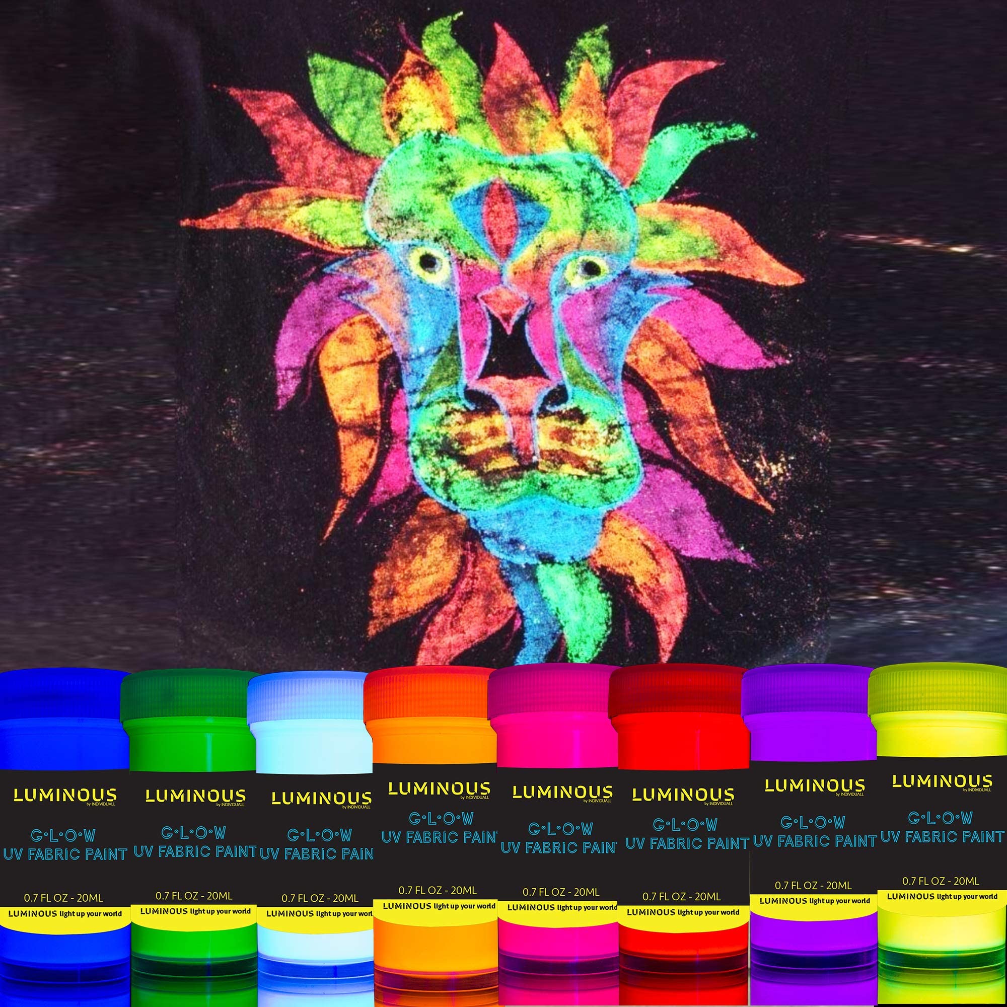 Fabric Paint for Clothes - Set of 8 Neon, 20mL, Black Light Glow in the Dark Paint Colors for Clothes, Textile and Canvas - Gifts for Artists, Easter Egg Painting Decoration