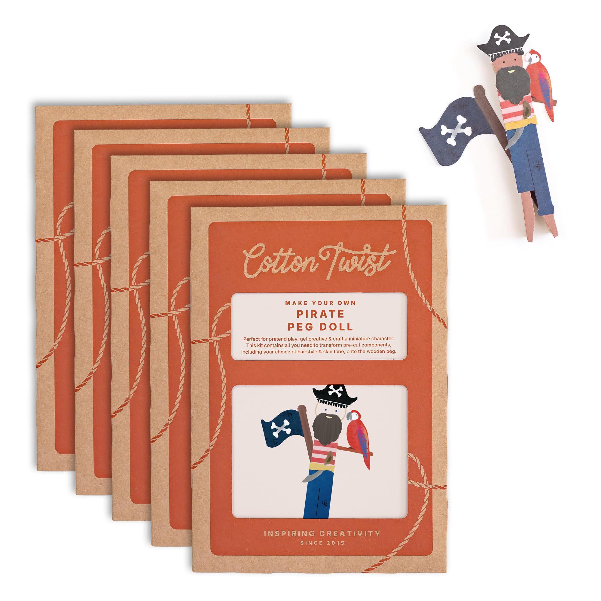COTTON TWIST Kids Make Your Own Pirate Peg Doll Craft Kit - Children Creative Play Set DIY Activity Box for Boys and Girls - Pack of 5