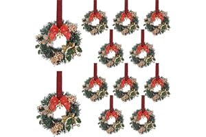 Zeyune 12 Pcs Small Christmas Wreaths for Kitchen Cabinets with Plaid Bow Ribbon Hanging Mini Christmas Cabinet Door Wreaths Decor for Kitchen Window Outdoor Indoor Holiday Decor, 14.96 x 7.87''