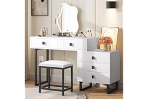 YITAHOME Makeup Vanity with Lights, Vanity Table with Power Strip, Vanity Desk with 3-Color Touch Screen Lighted Mirror, Makeup Table with 5 Drawers, Nightstand for Women Girls, White