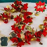 Glintoper Christmas Poinsettia Garland, 9 FT Lighted Artificial Garlands with Red Flowers, Battery Operated with Timer Poinsettia String Lights, Light up for Xmas New Year Holiday Home Decor