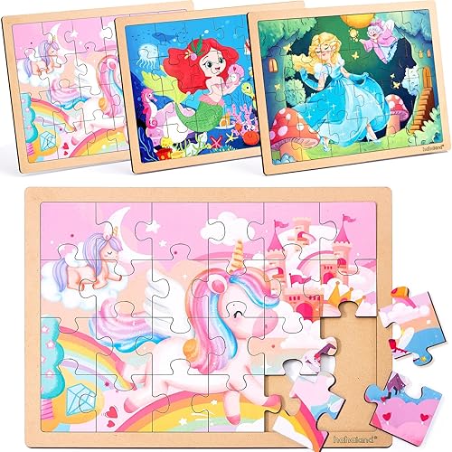 hahaland Wooden puzzles for 3+ year olds girl– 3 x 24-Piece Frame Puzzles for Children, Unicorn, Mermaid & Princess Jigsaw, Travel-Friendly Educational Toys, for Toddlers and Preschoolers