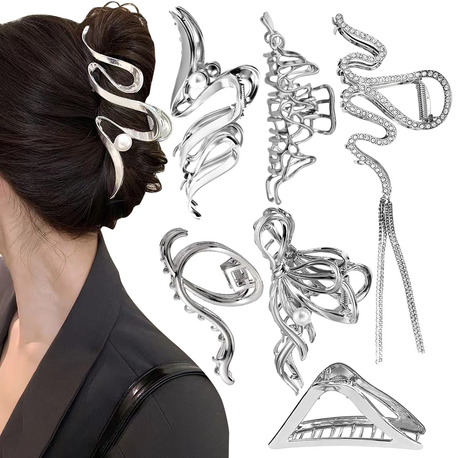 Pack of 6 Large Hair Clips, Silver Metal Hair Clips, Large Non-Slip Hair Clips, Women's Claw Clip Hair Accessories for Long Curly, Thick and Thin Hair (Silver)