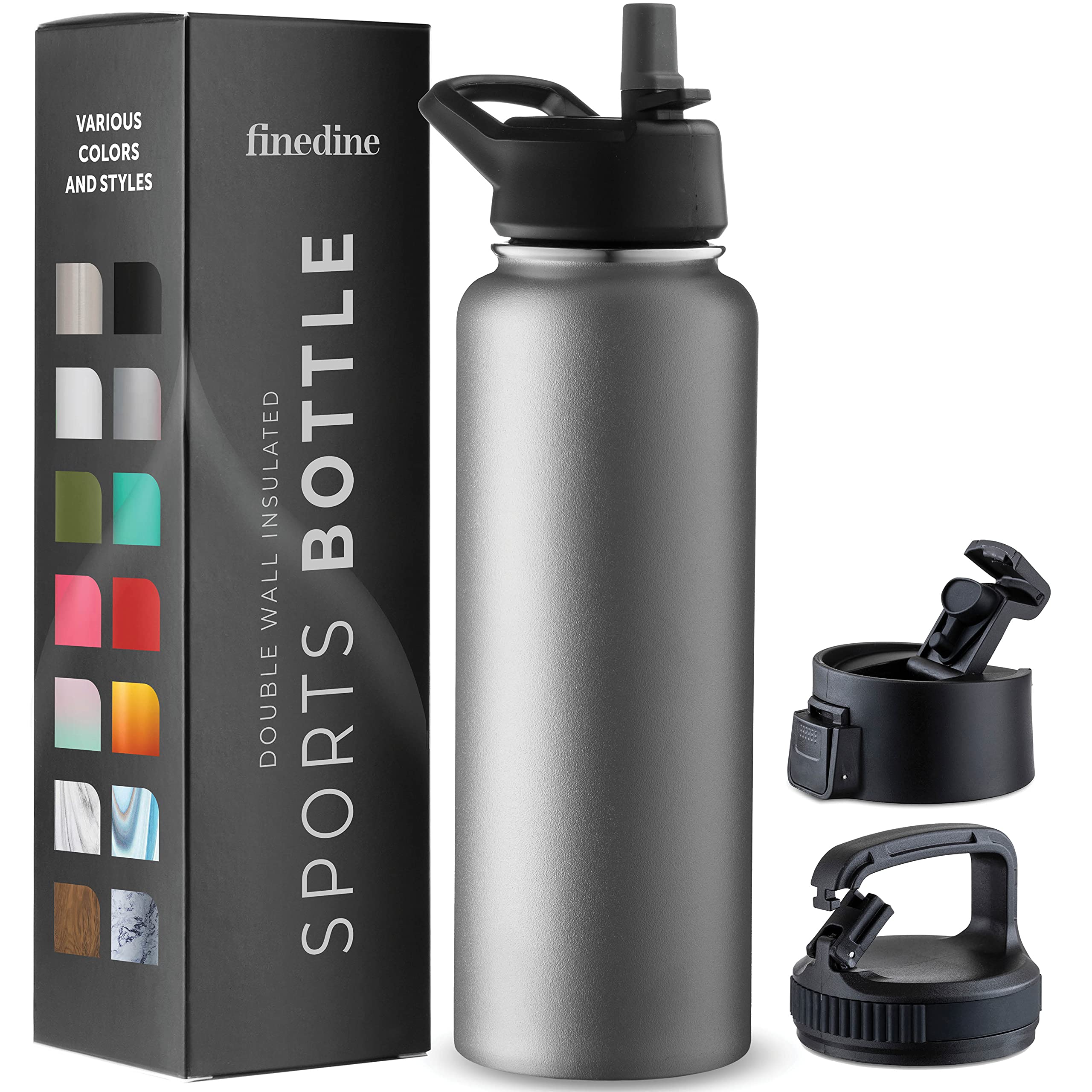 FineDine Triple Walled, Insulated Water Bottles with Straw - 40 Oz Stainless Steel Metal Bottle W/ 3 Leak Proof Lids - For Travel, School, Sports, Gym/Men, Women & Kids - Modern Lava Gray
