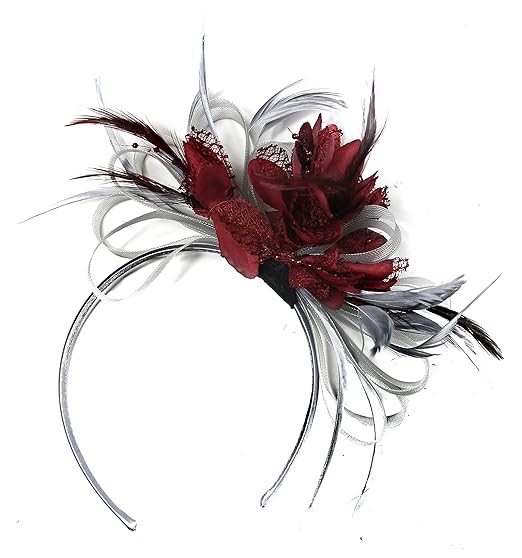 Silver Grey And Burgundy Wine Red Net Hoop Feather Hair Fascinator