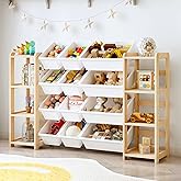 MallBest Extra Wide Toy Storage Organizer with 12 Bins and Dual Bookshelves – Solid Pine Wood Kids Toy Shelf and Bookcase for Bedroom, Nursery, or Montessori Playroom, (Natural)