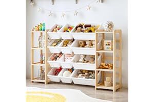 MallBest Extra Wide Toy Storage Organizer with 12 Bins and Dual Bookshelves – Solid Pine Wood Kids Toy Shelf and Bookcase for
