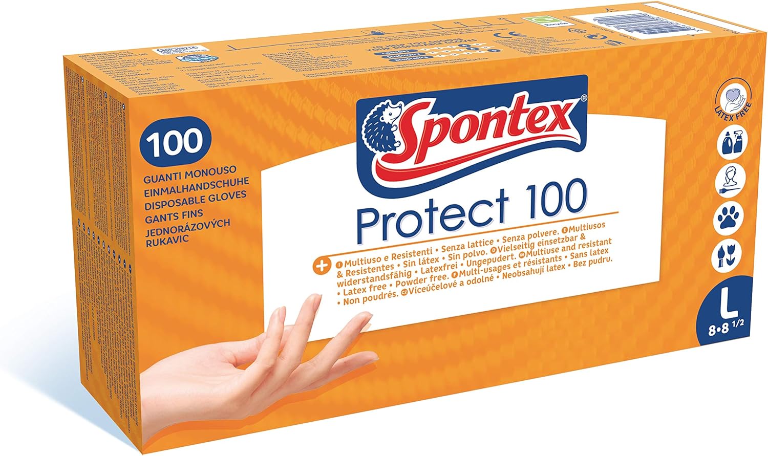 Spontex Protect Einmalhandschuhe aus Vinyl, ungepudert und latexfrei, vielseitig einsetzbar, in praktischer Spenderbox, Größe L, 100er Pack,