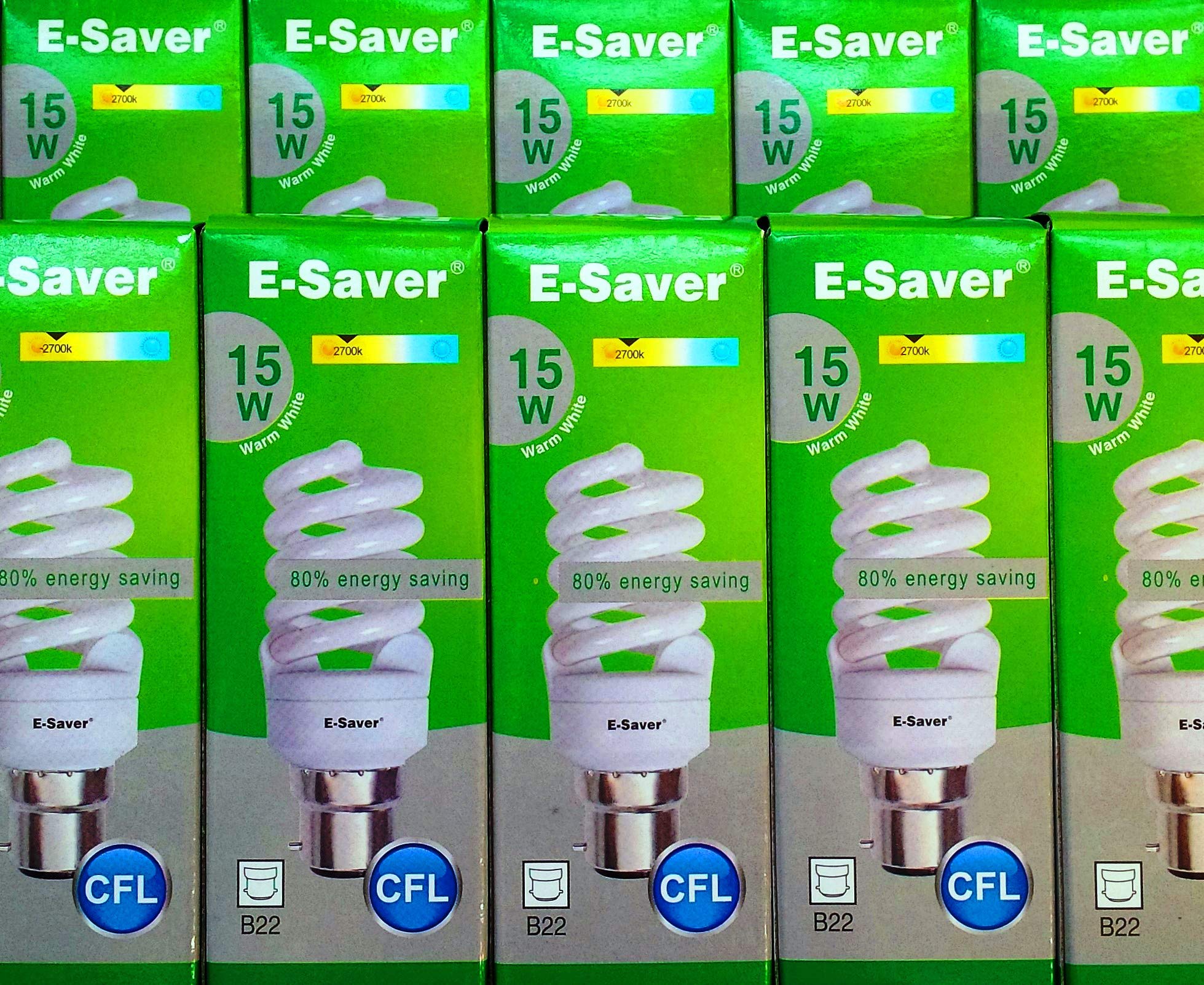 E-Saver - CFL Full Spiral - Energy Saving Light Bulbs - 15w = 80 Watt - (Pack of 10) - 2700k Warm White Light Bulbs - Bayonet Light Bulb (BC- B22- B22d)